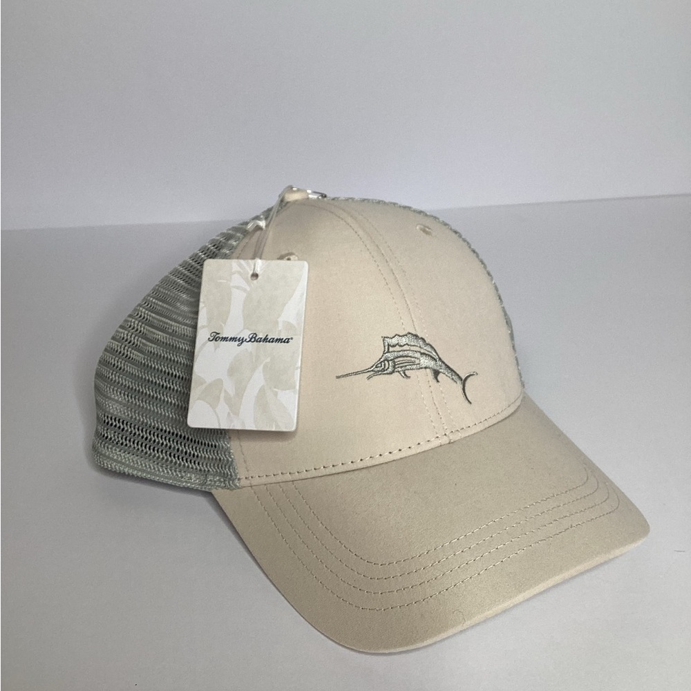 TOMMY BAHAMA “Tip Your Cap” Marlin Logo Trucker Hat Tan Silver Men’s *NEW*